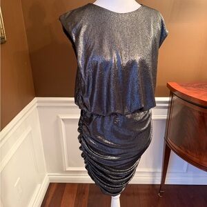Apricot Foil Ruched Volume Shoulder Dress Silver Medium NWT